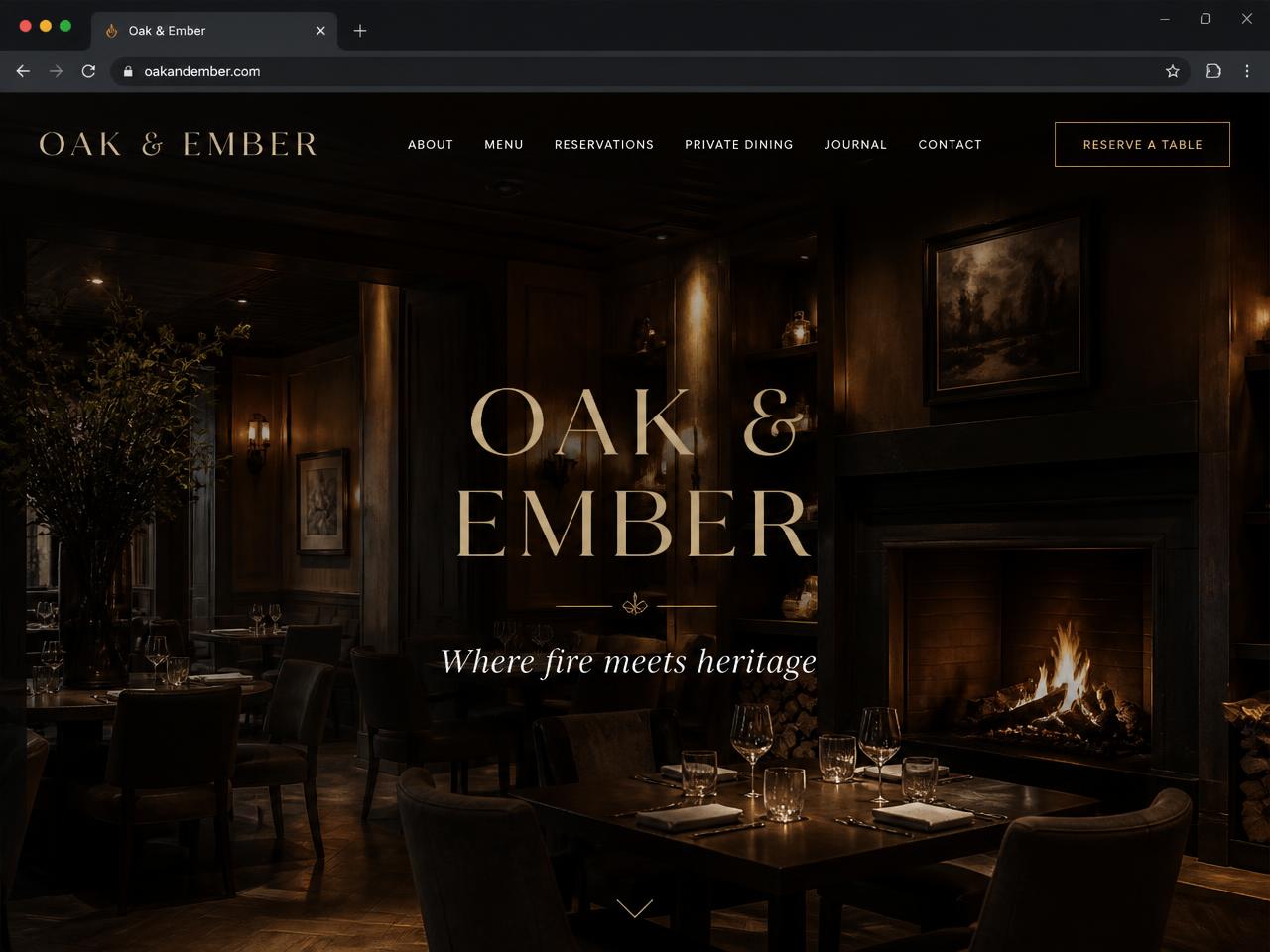 Homepage of the Oak & Ember restaurant website concept